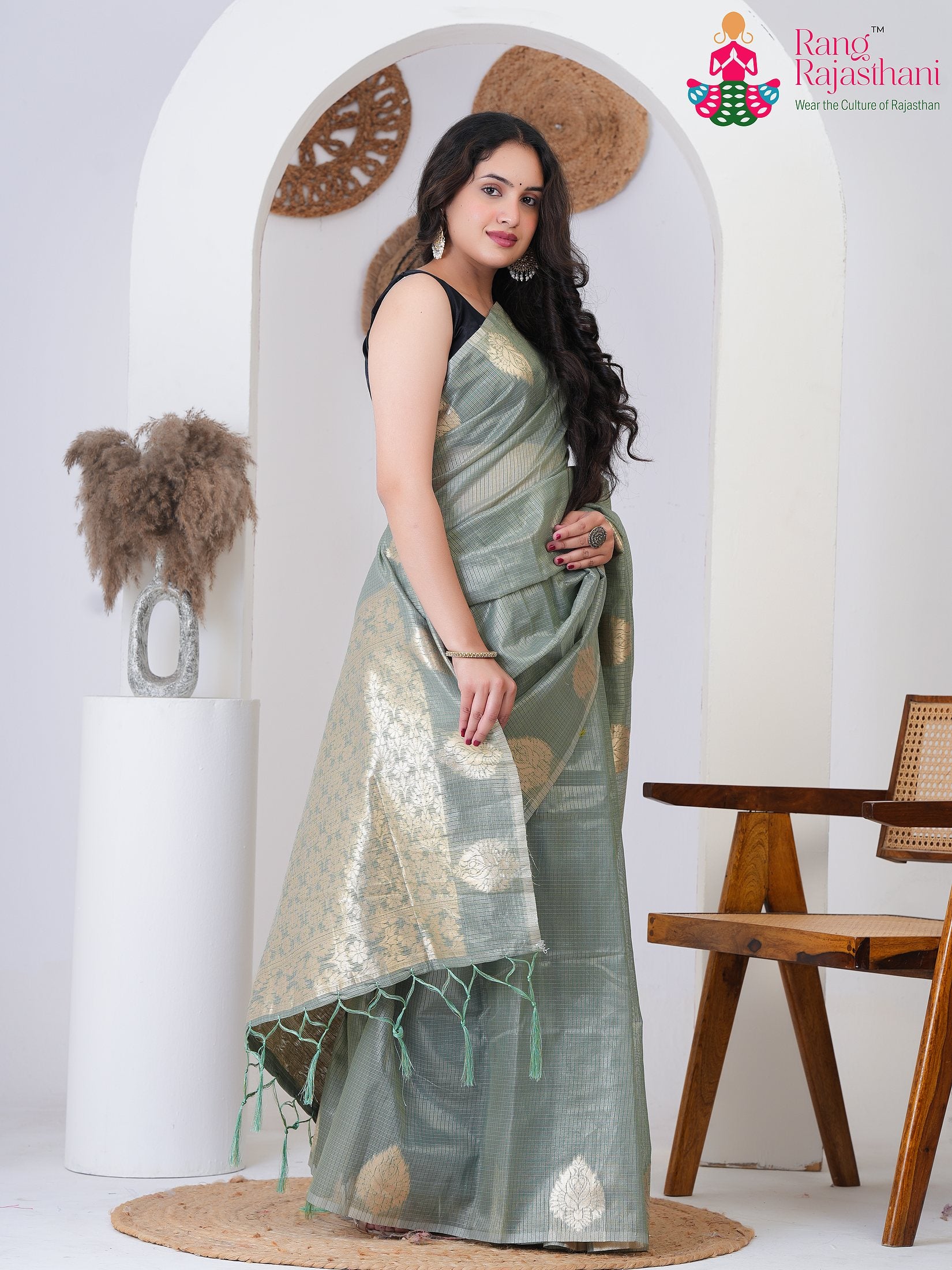 Pista Imported saree with Printed side drape view