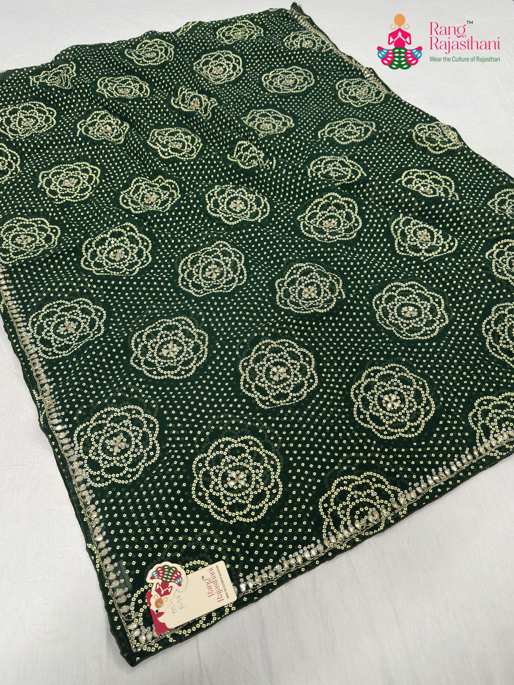 green synthetic bandhani saree for mayra ceremony by Rang Rajasthani