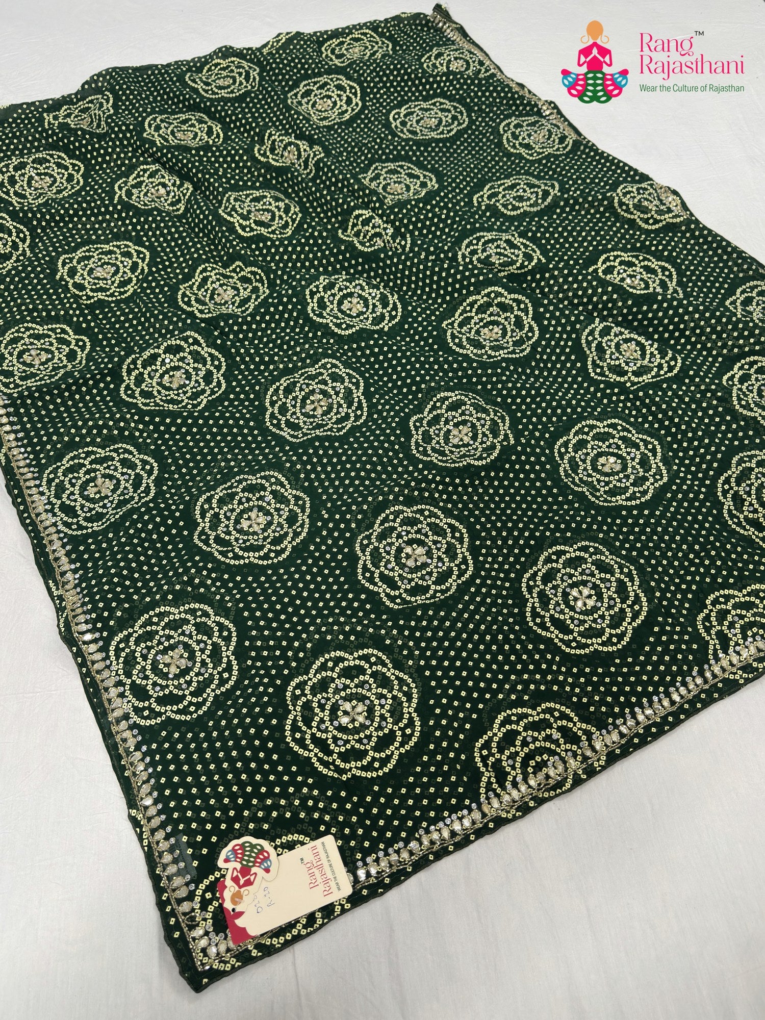 green synthetic bandhani saree for mayra ceremony by Rang Rajasthani
