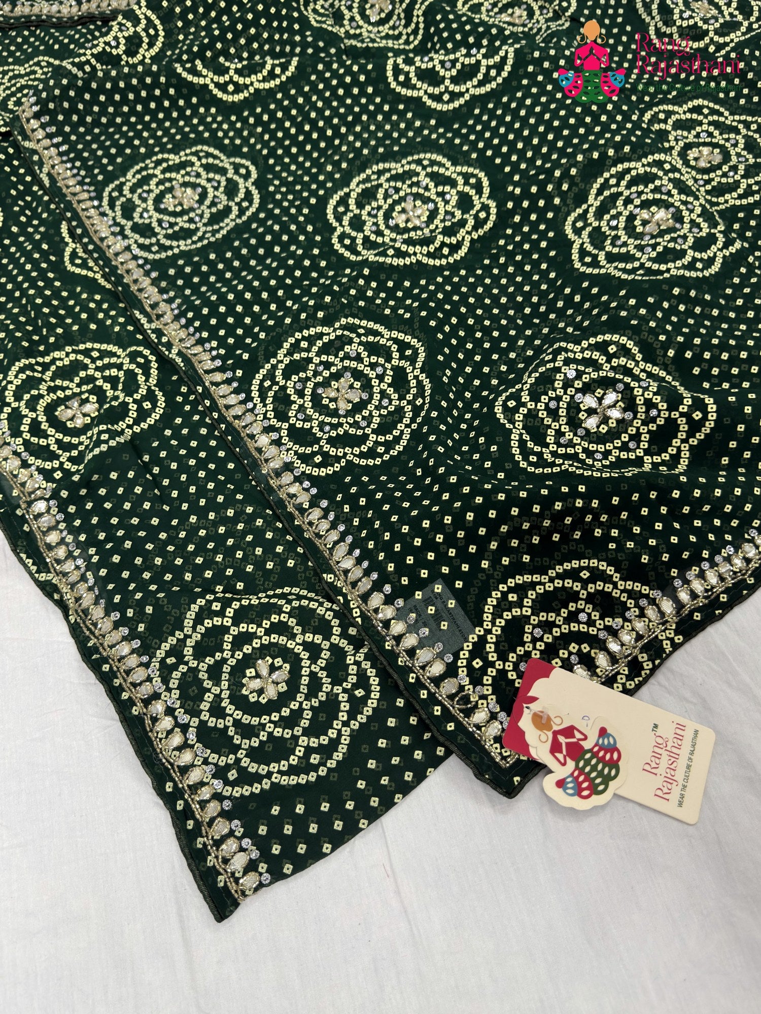 complete look of green synthetic bandhani saree
