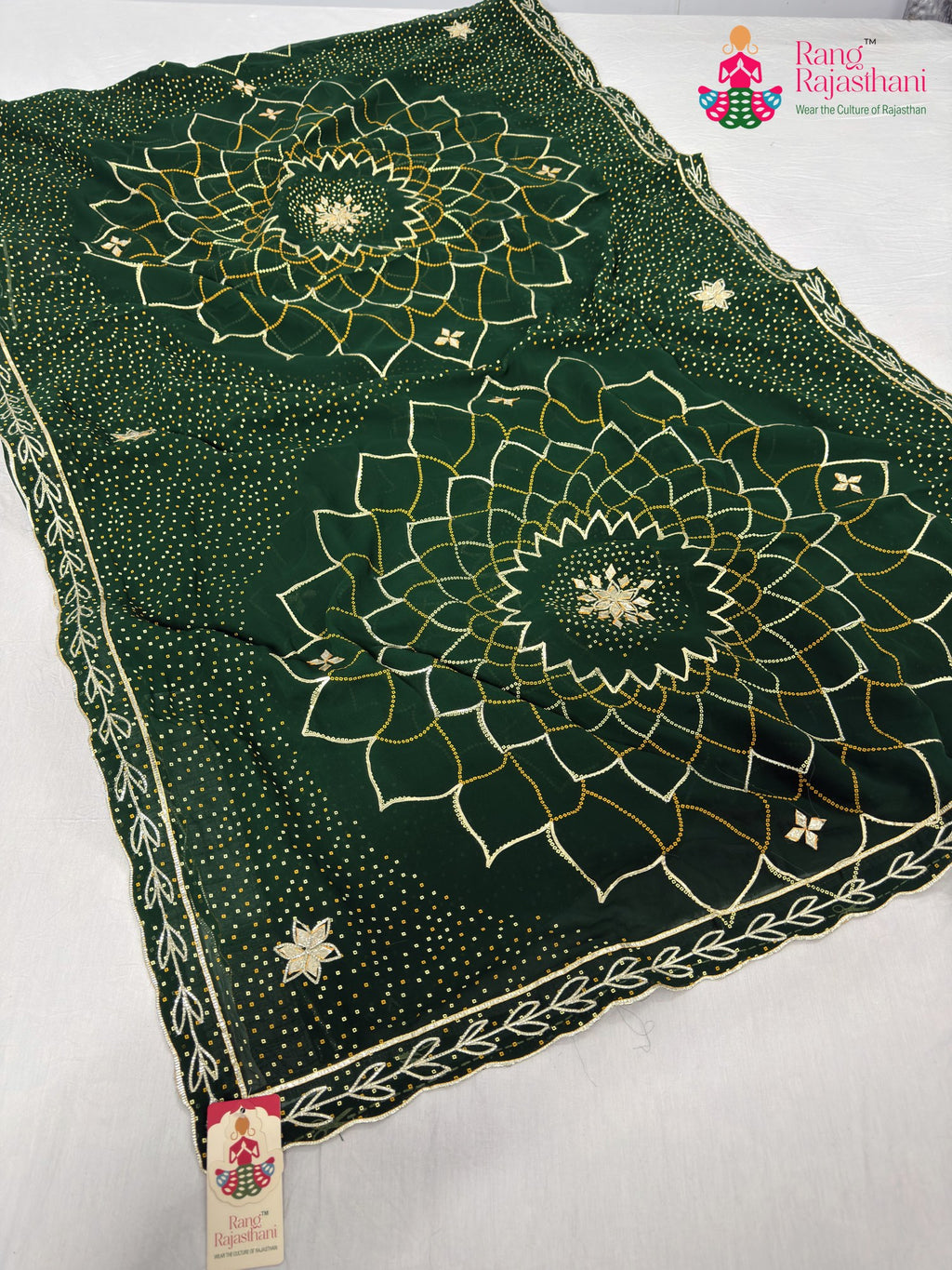 green synthetic bandhani saree for mehendi ceremony by Rang Rajasthani