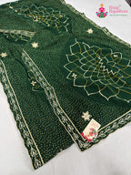 complete look of green synthetic bandhani saree