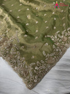 pallu detailing of green synthetic hand embellishment saree