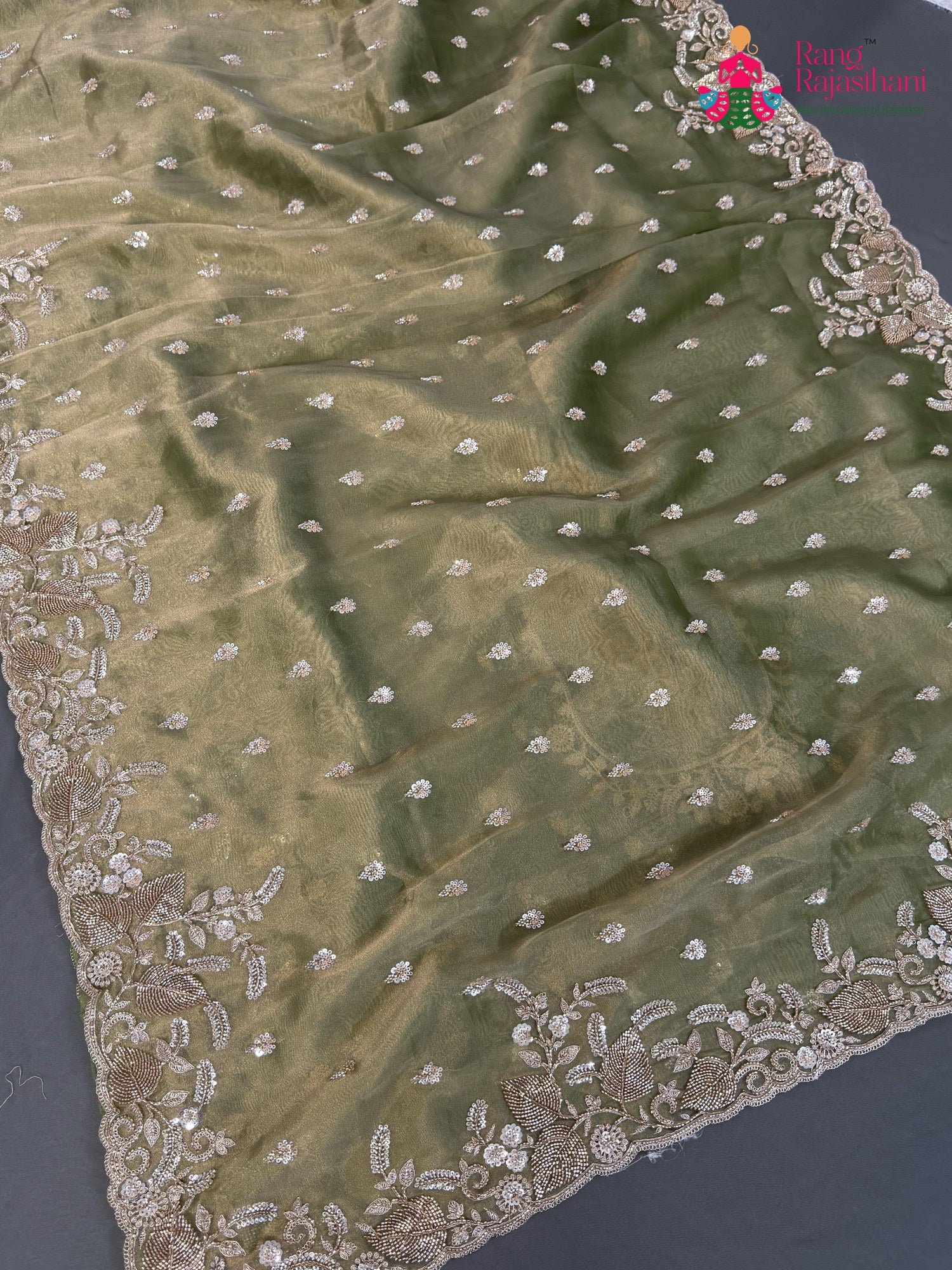 Green Synthetic Hand Embellishment Saree for Bridal | Signature Pick