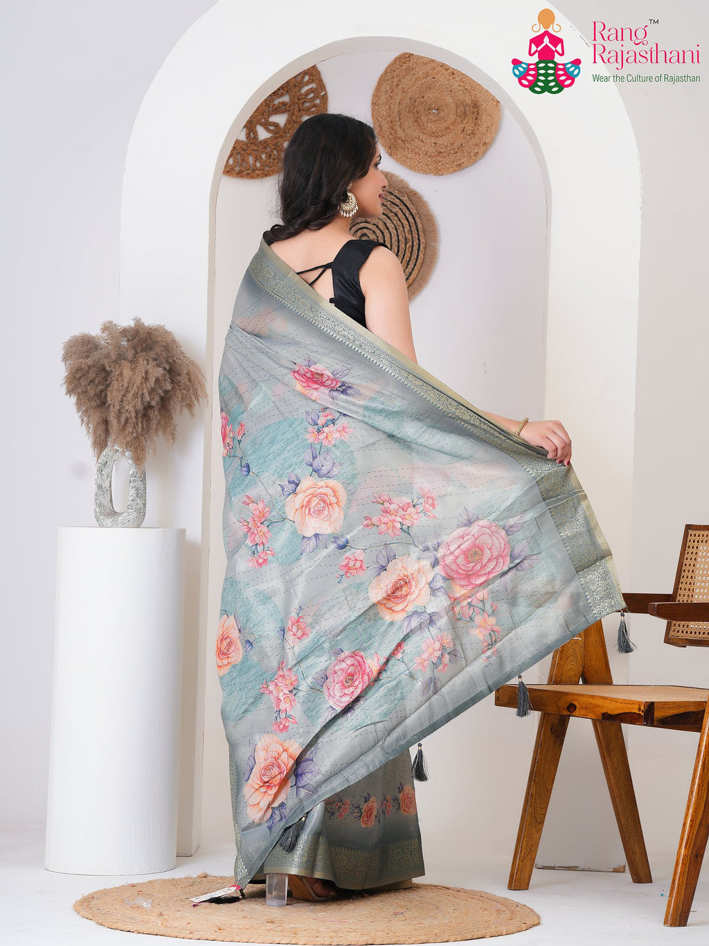 Gray Imported saree with Printed back view