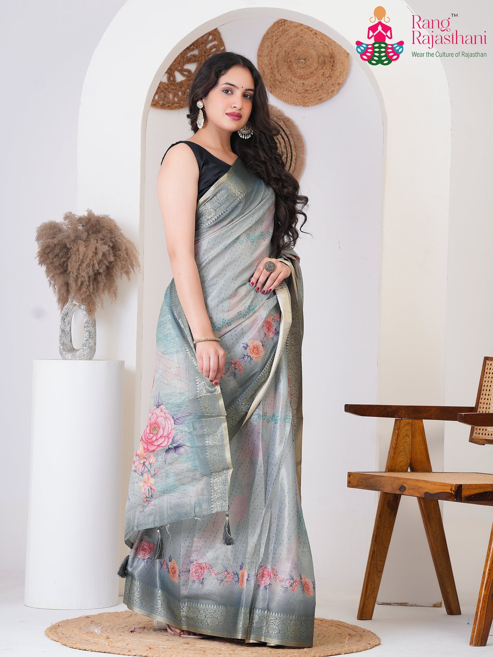 Gray Imported saree with Printed side drape view