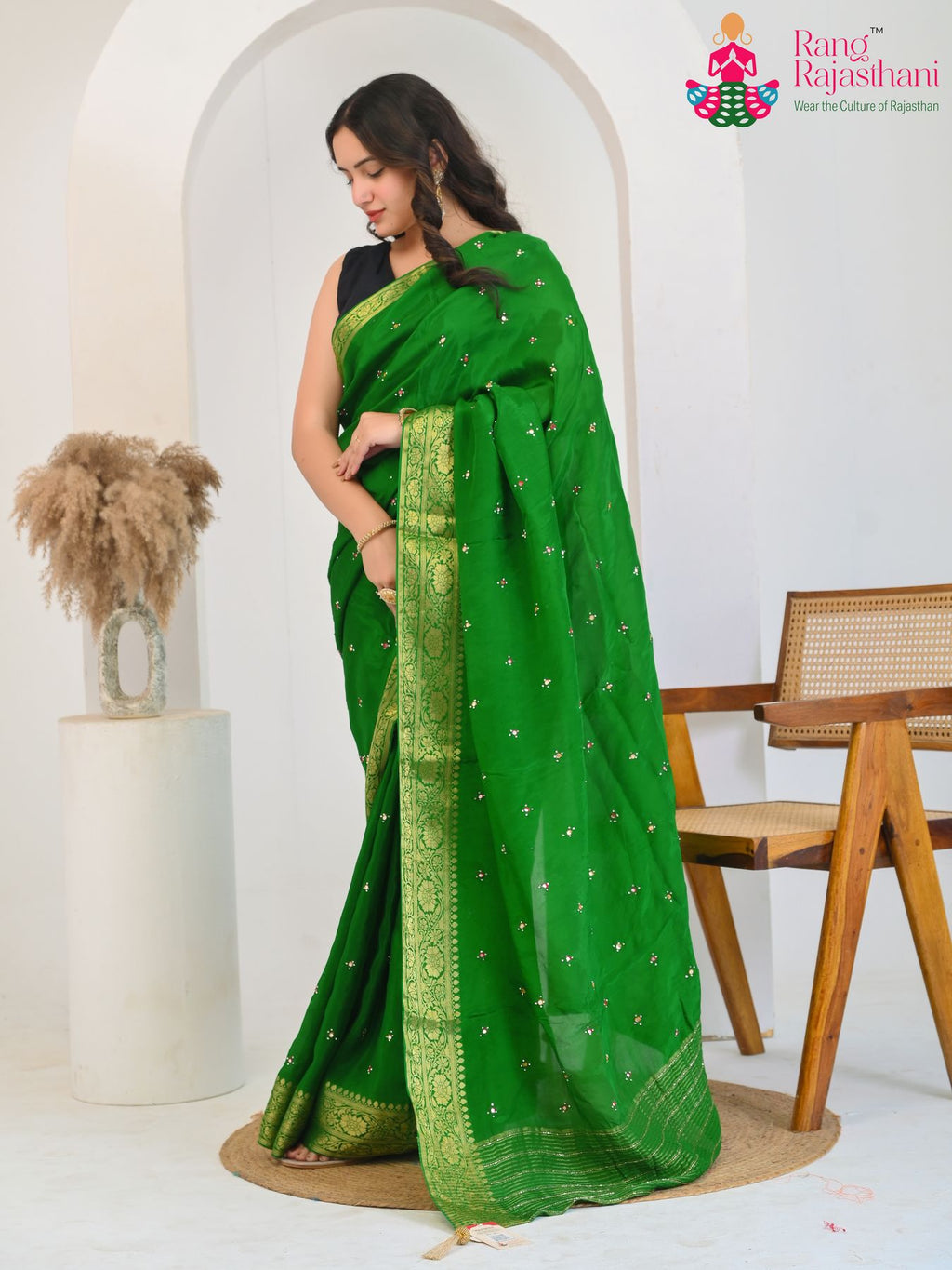 Green Silk saree with Mirror Work side drape view
