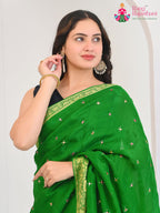 Green Silk saree with Mirror Work close up detailing
