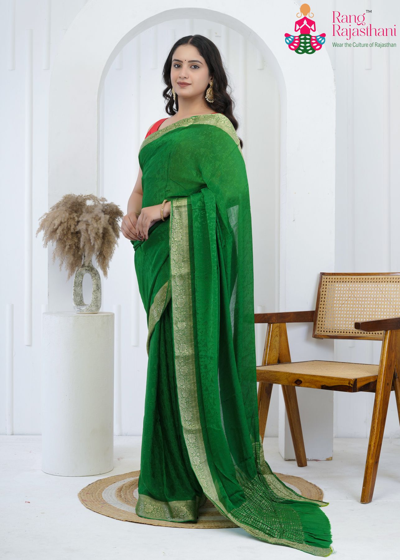 green pure chinnon saree with pure jacquard for ethnic side drape view