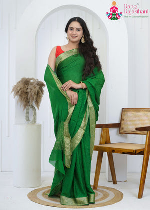 Green Chinnon Jacquard Weave Plain Saree for Mehendi Ceremony | Authentic Craft