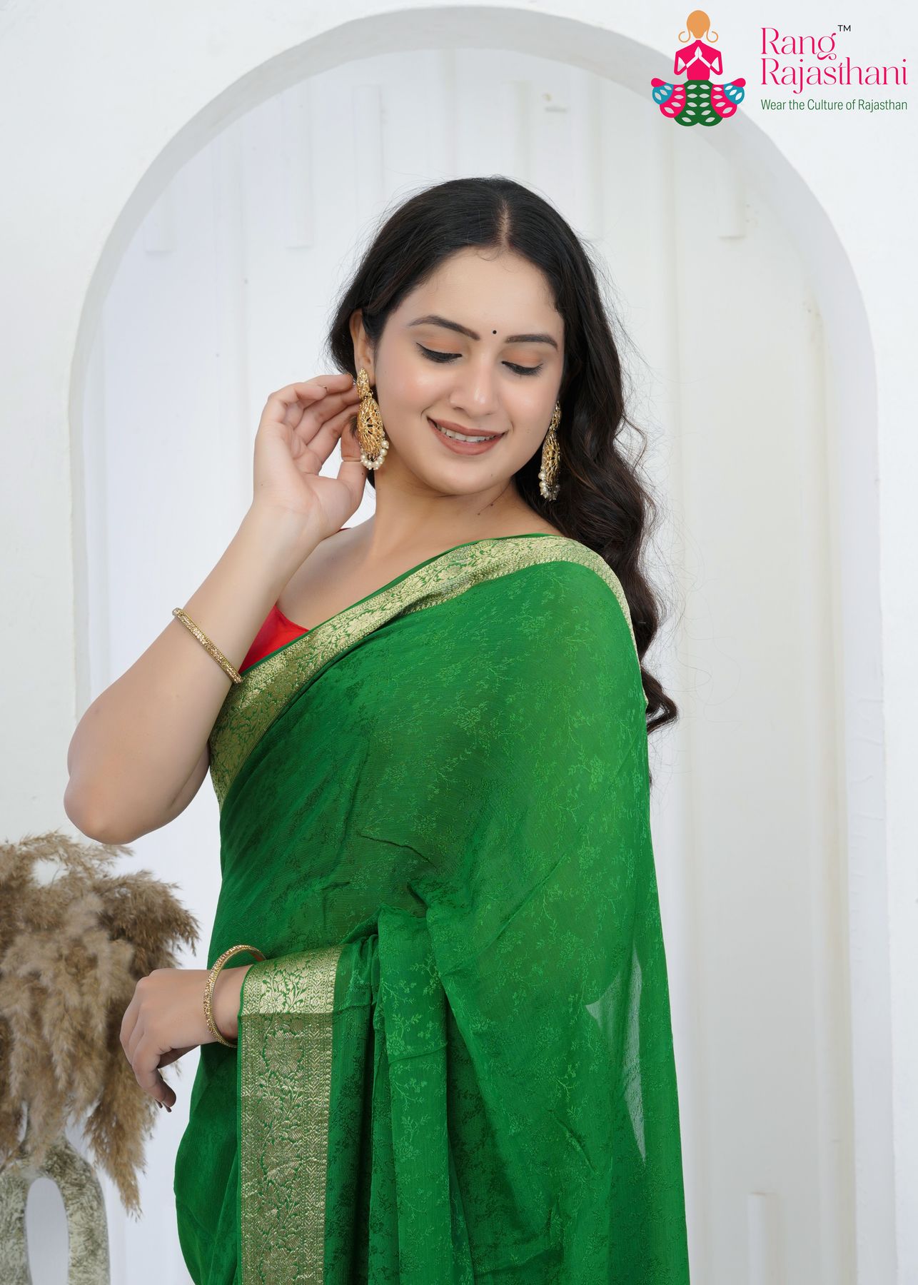 green pure chinnon saree with pure jacquard for ethnic day close-up view