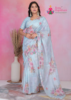 Grey Imported Party saree with Digital Print and Handwork from Rang Rajasthani
