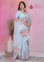 Grey Imported saree with Digital Print and Handwork side drape view