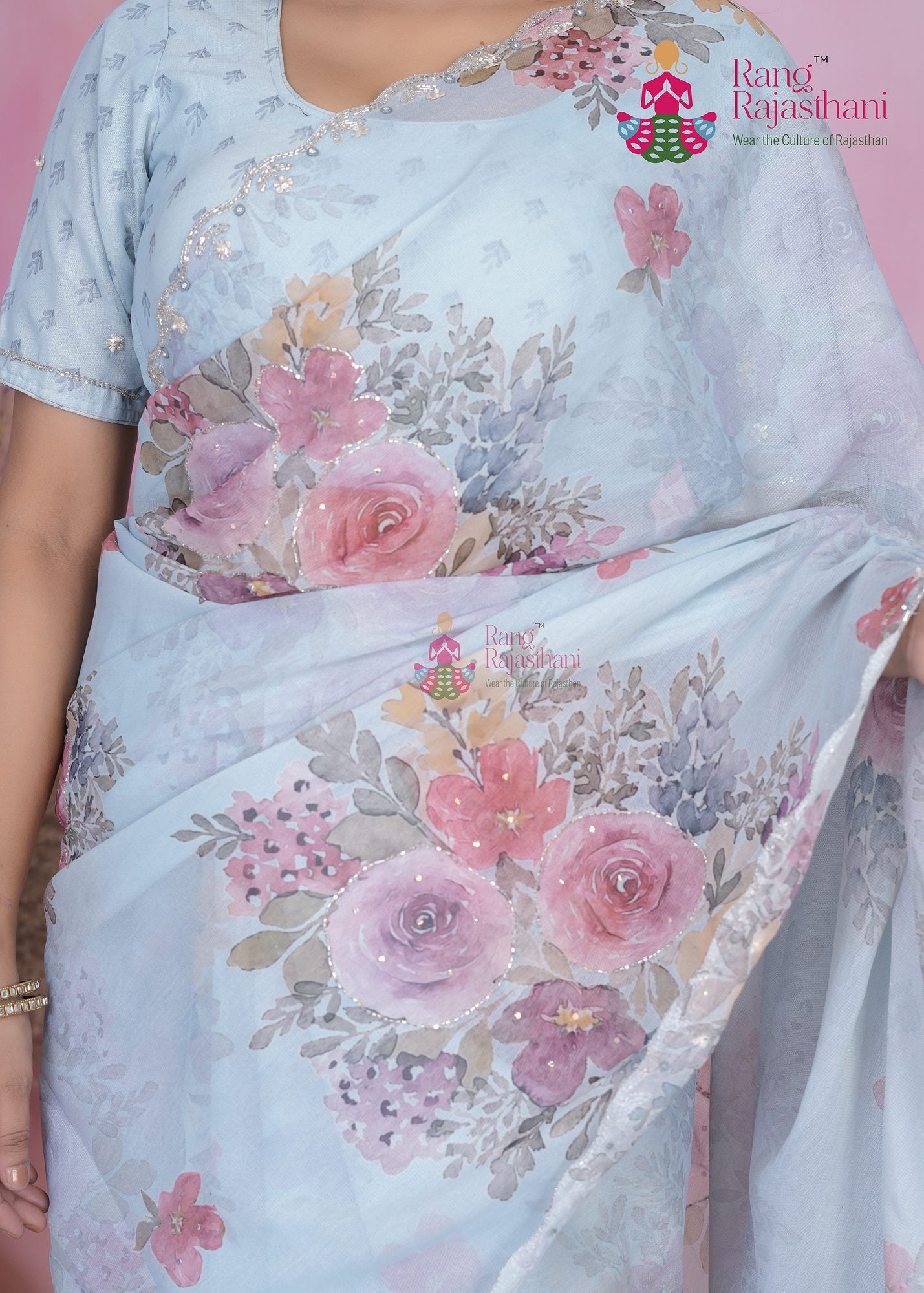 Grey Casual Saree close up | Rang Rajasthani