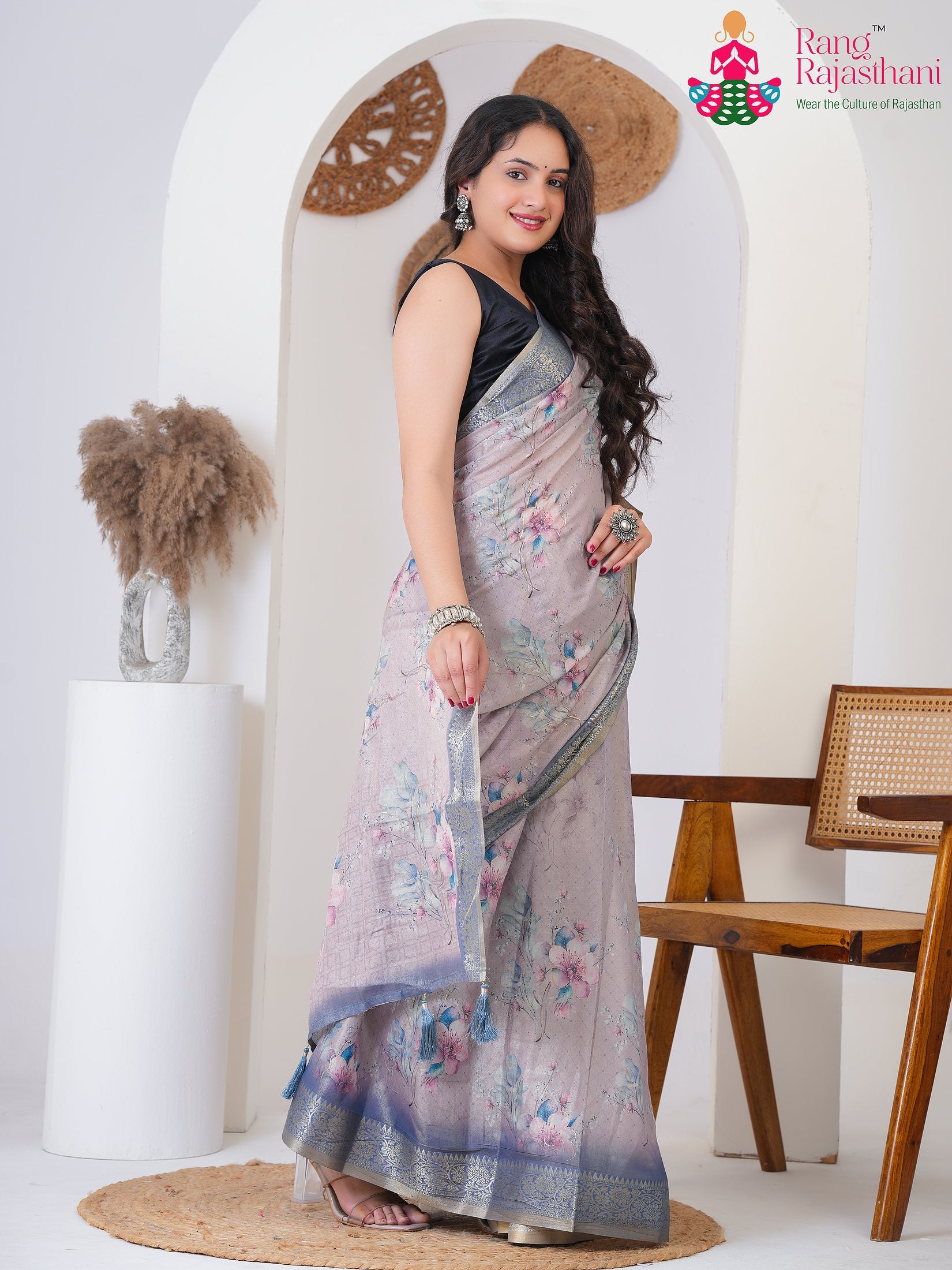 Gray Imported saree with Zari side drape view