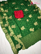 handcrafted green chinnon saree for mehendi ceremony by Rang Rajasthani