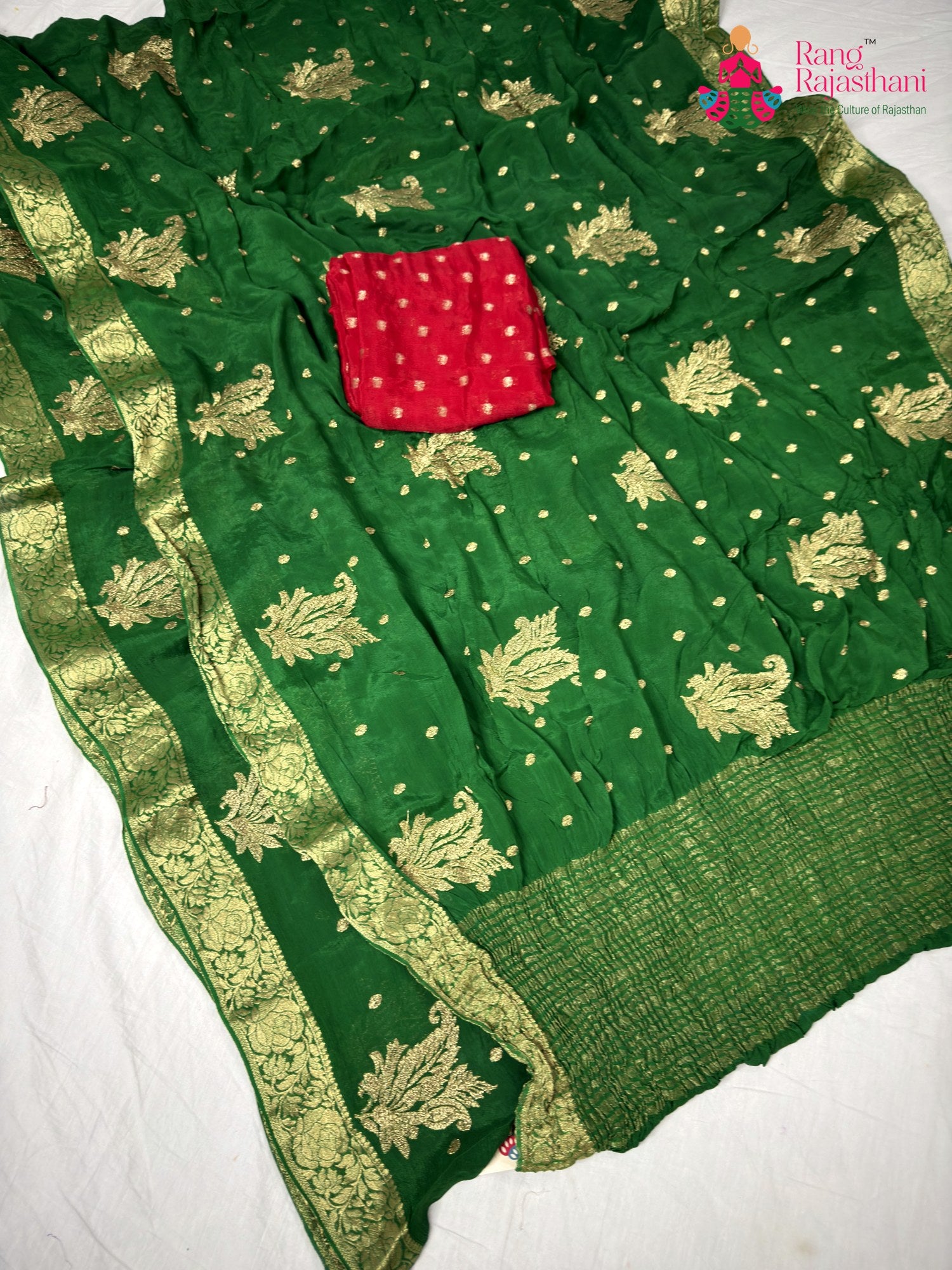 handcrafted green chinnon saree for mehendi ceremony by Rang Rajasthani