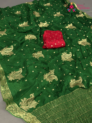 Green Chinnon Zari Embroidery Saree for Mehendi Ceremony | Designer Saree