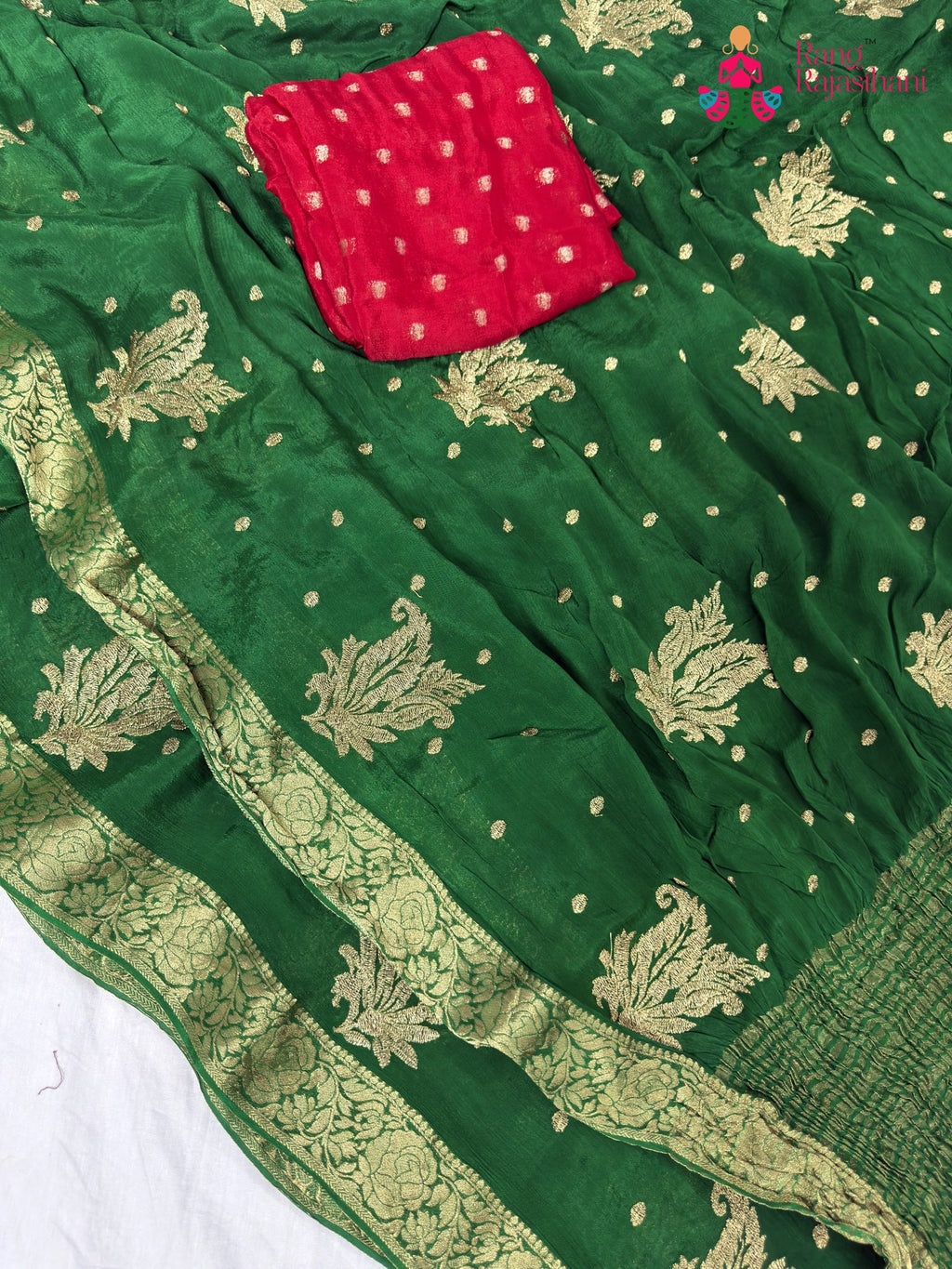 pallu detailing of handcrafted green chinnon saree