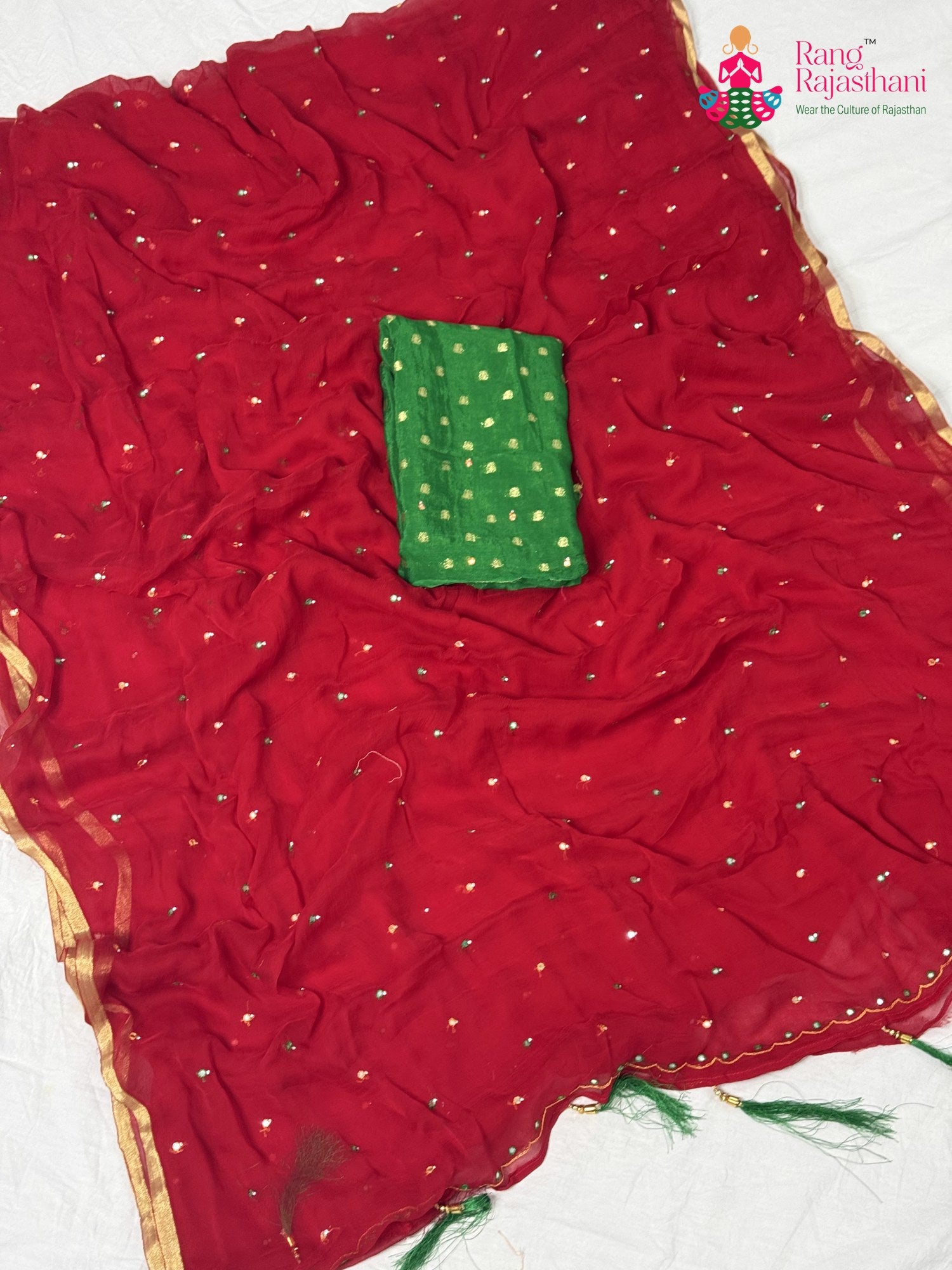 full view of handpicked luxury pure chiffon designer mirror work drapes in red 2544