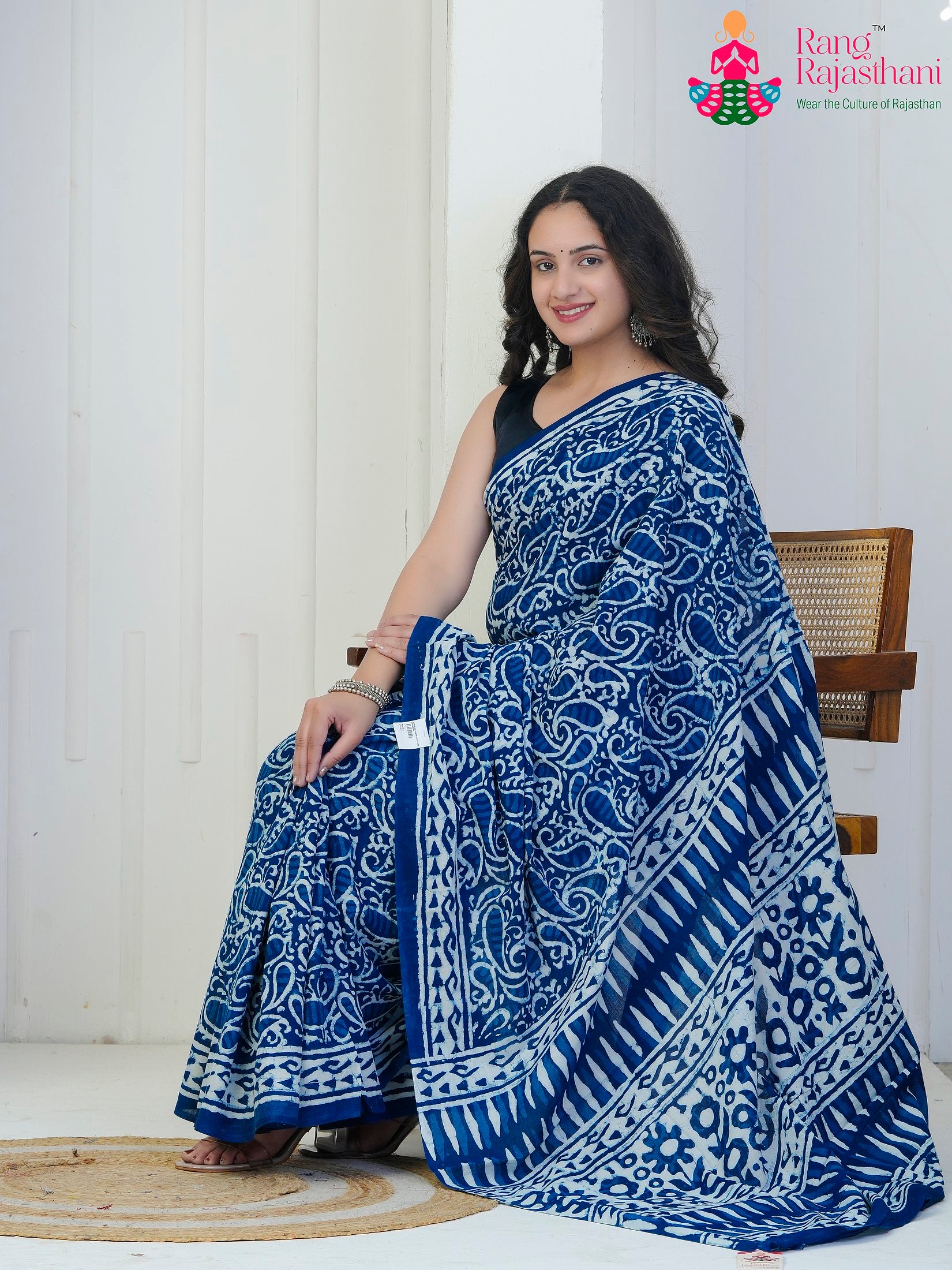 Blue Cotton saree with Printed side drape view