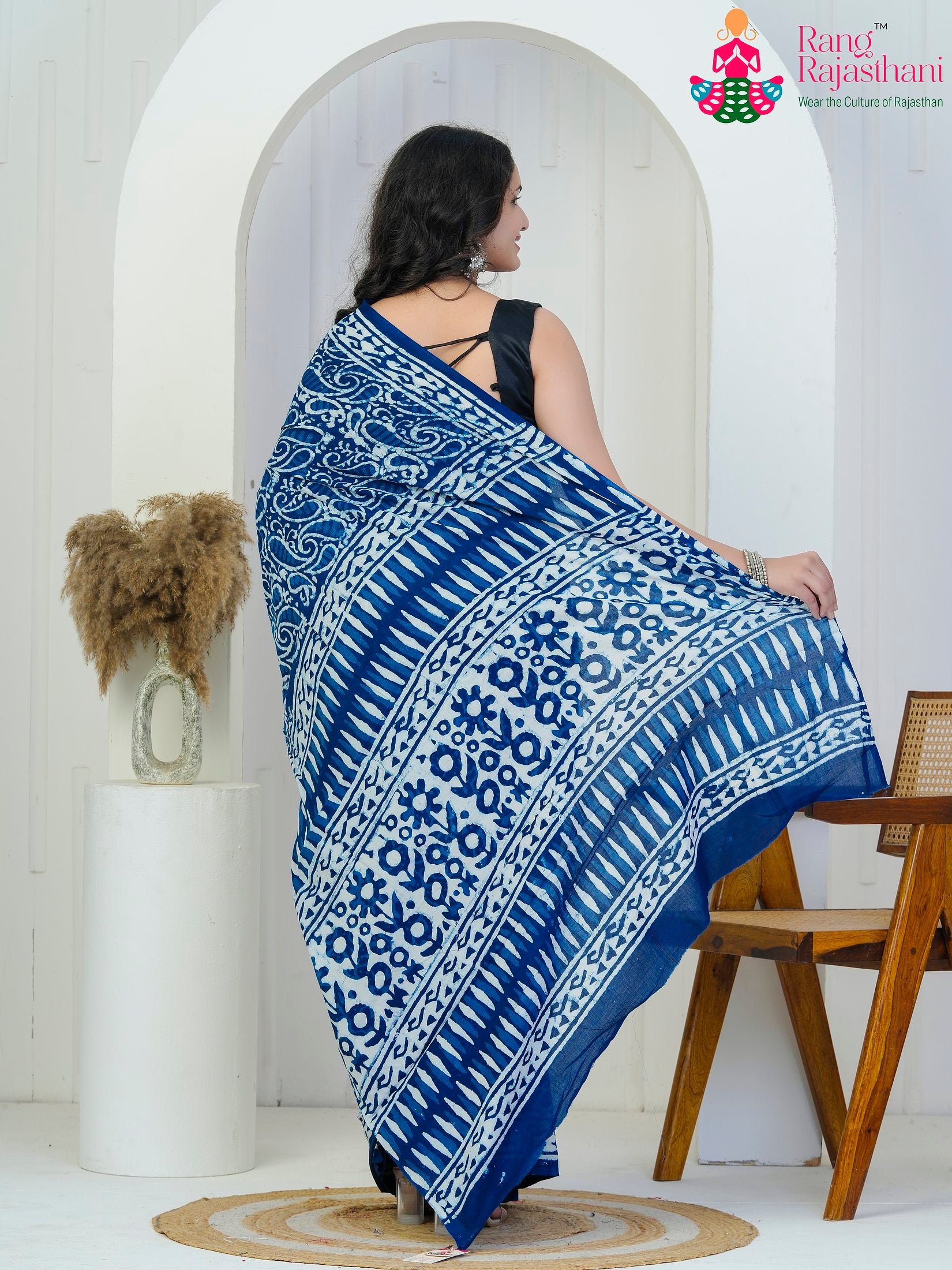 Blue Cotton saree with Printed back view