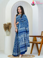 Blue Cotton saree with Printed pleats view