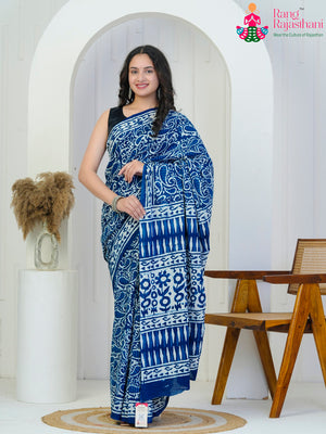 Blue Cotton Block Print Saree for Daily | Heritage Edit