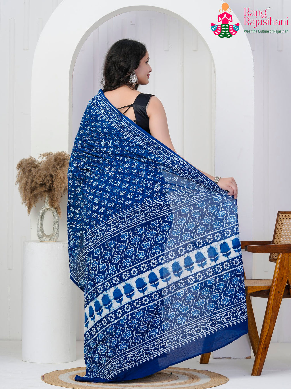 Blue Cotton saree with Printed back view