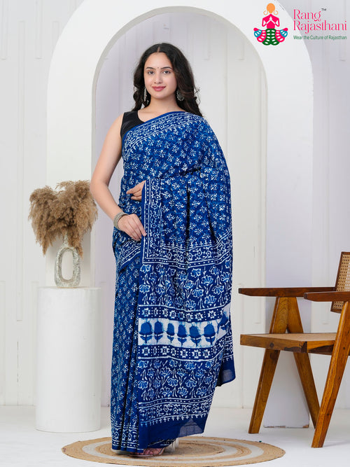 Indigo Blue Pure Cotton Block Print Saree : Everyday Craft Comfort