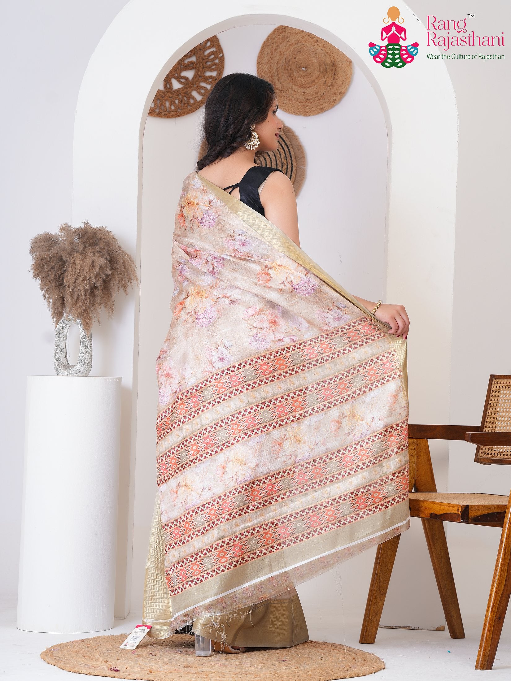 Cream SyntheticSilk saree with Printed back view