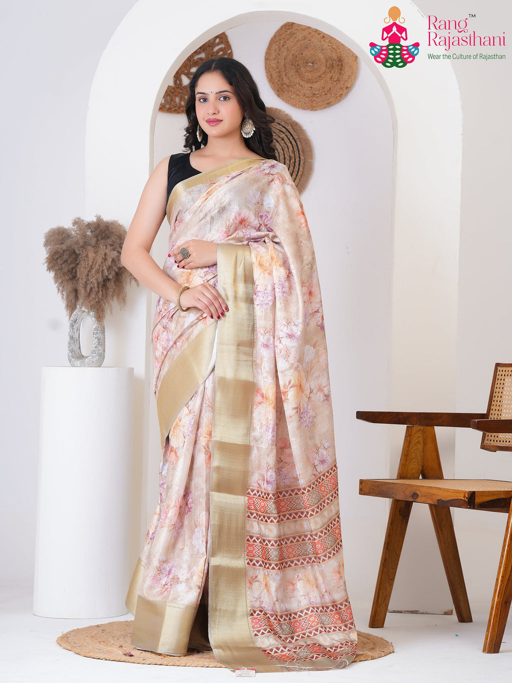 Cream SyntheticSilk Party saree with Printed from Rang Rajasthani