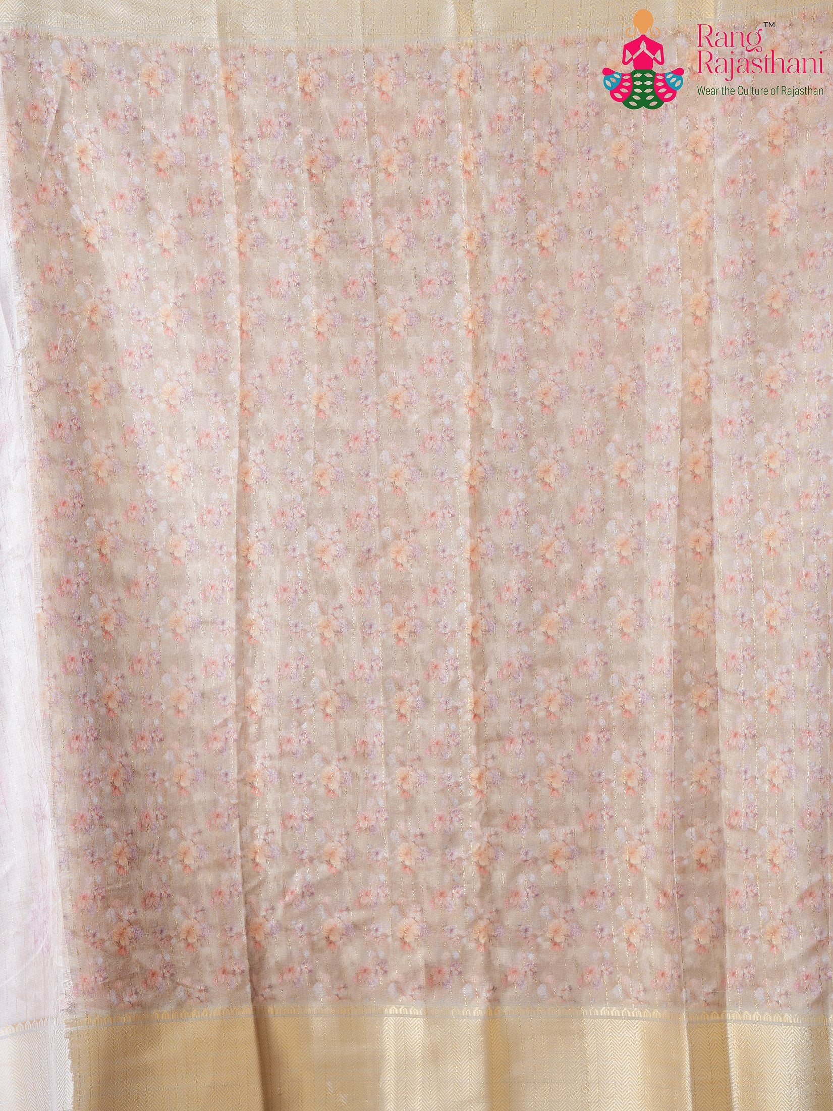 Cream SyntheticSilk saree with Printed pleats view