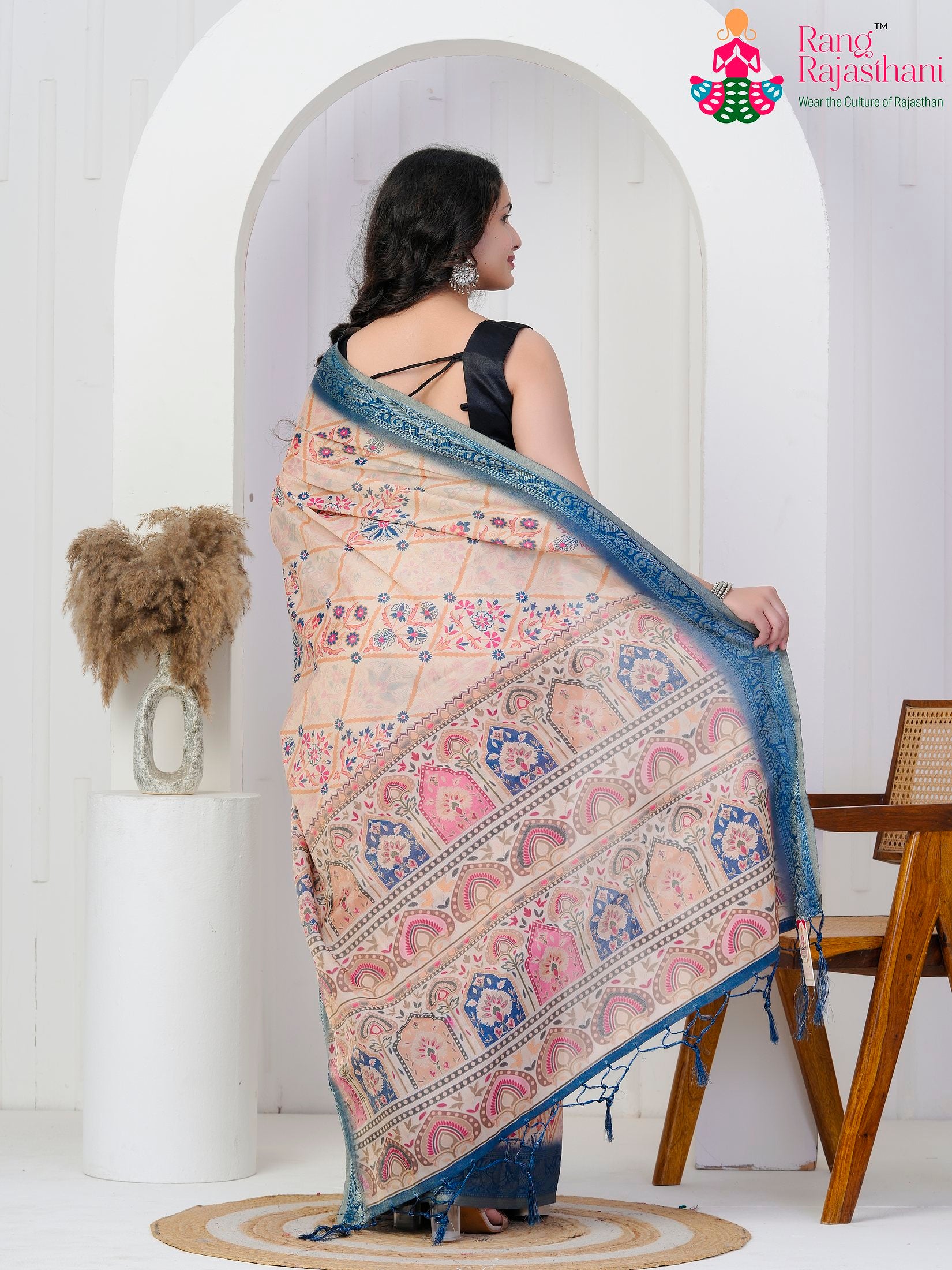 Blue Imported saree with Printed back view