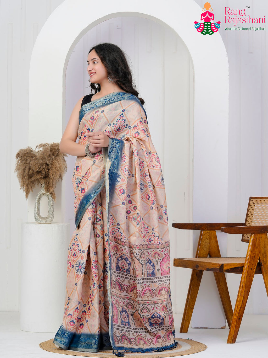 Blue Imported saree with Printed side drape view