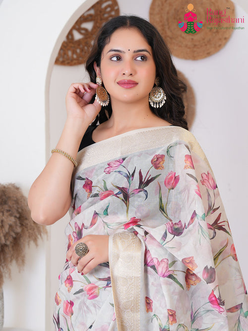 Cream Pure Silk saree with Zari close up detailing