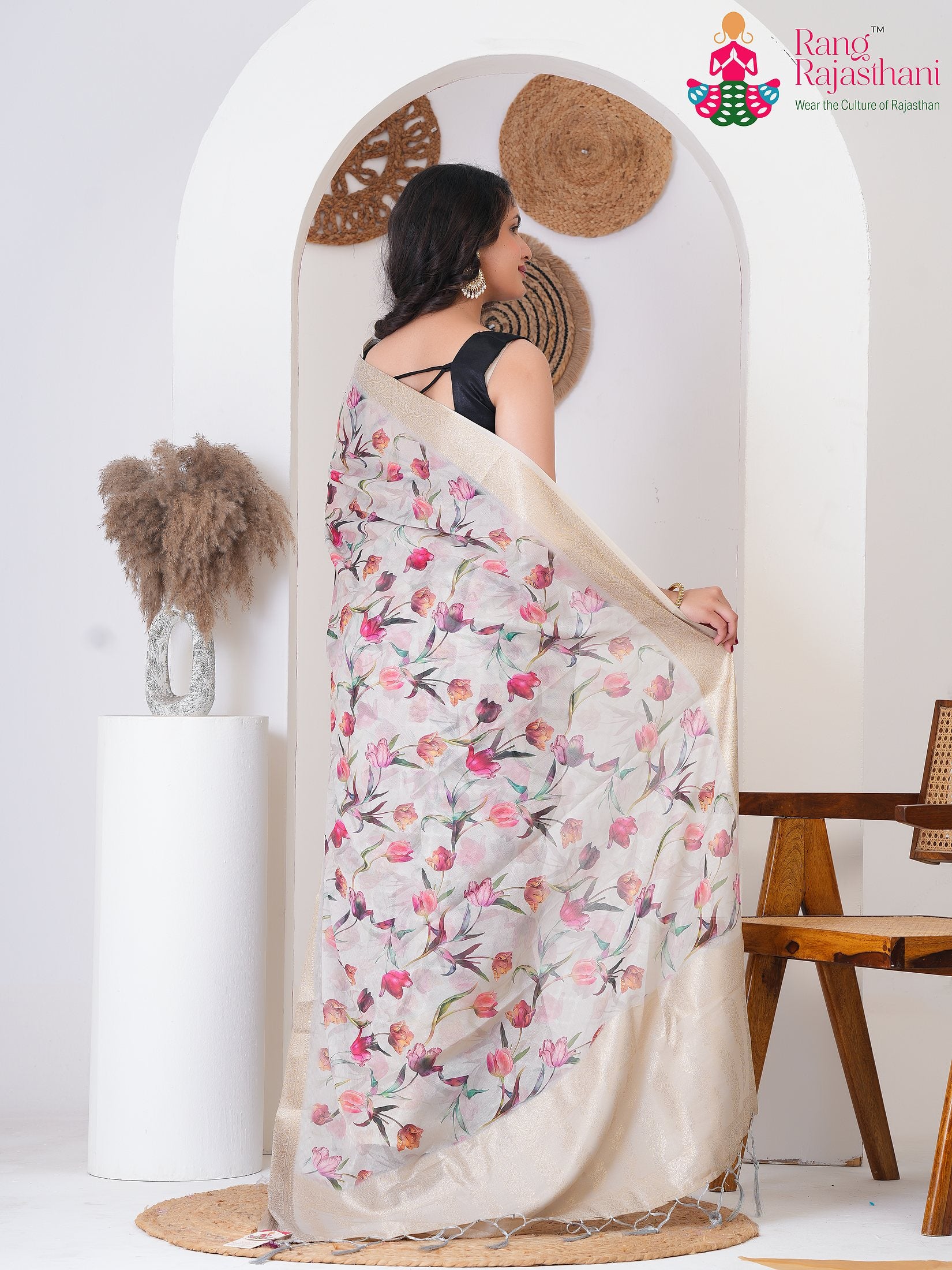 Cream PureSilk saree with Zari back view