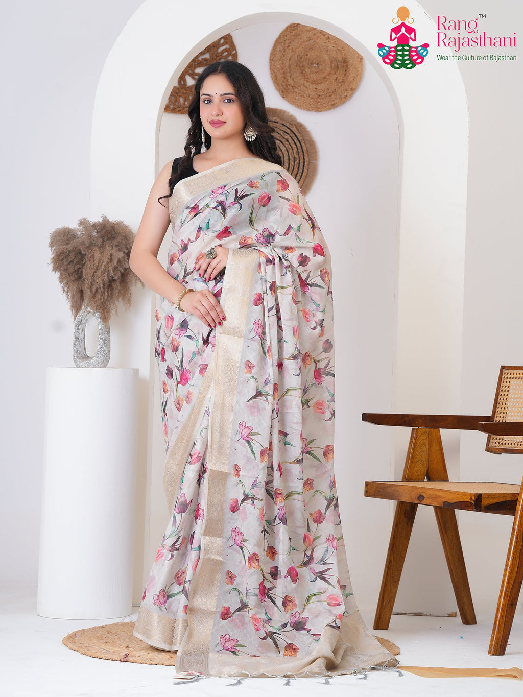 Cream PureSilk Party saree with Zari from Rang Rajasthani