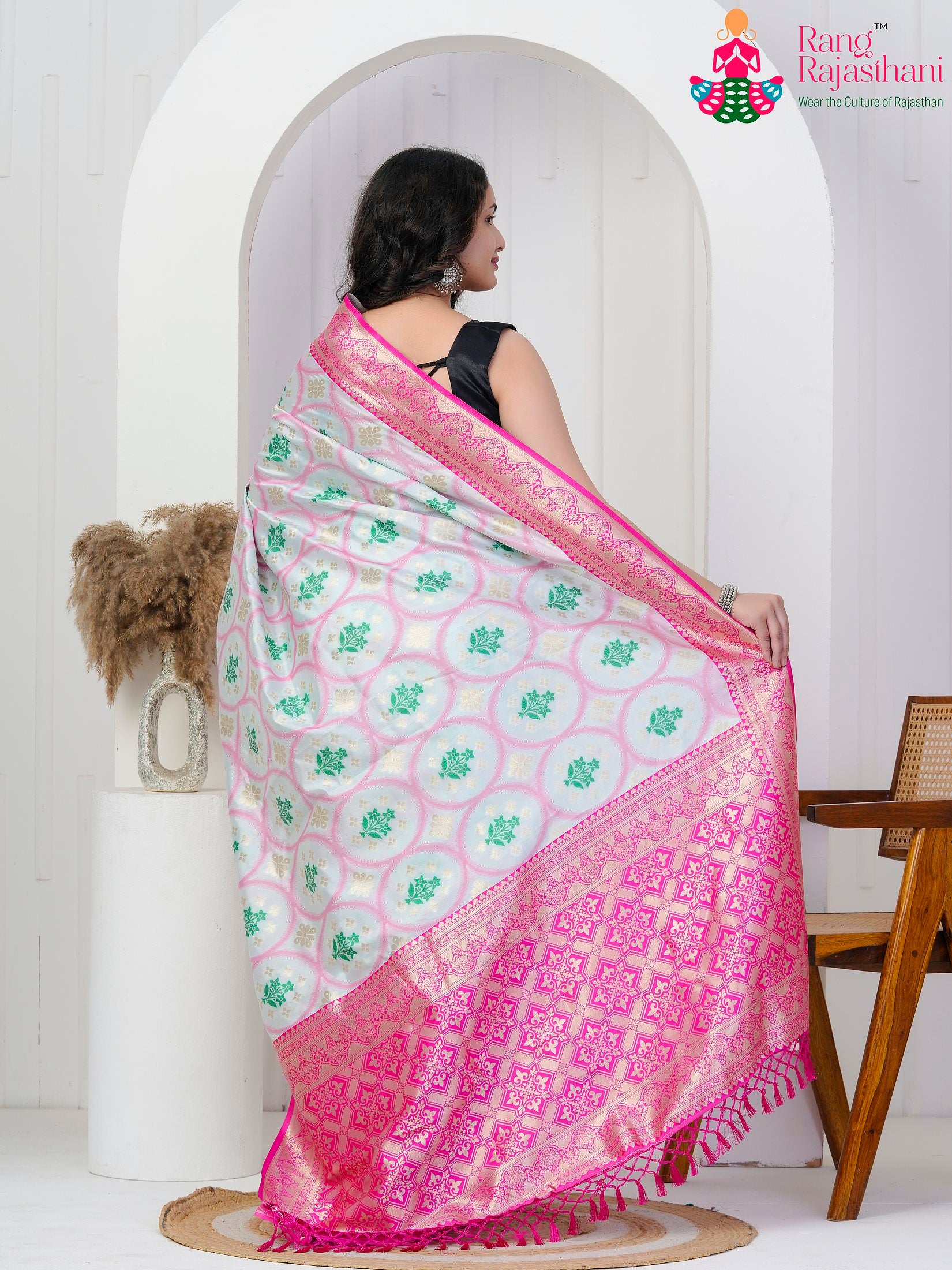 White SyntheticSilk saree with Printed back view