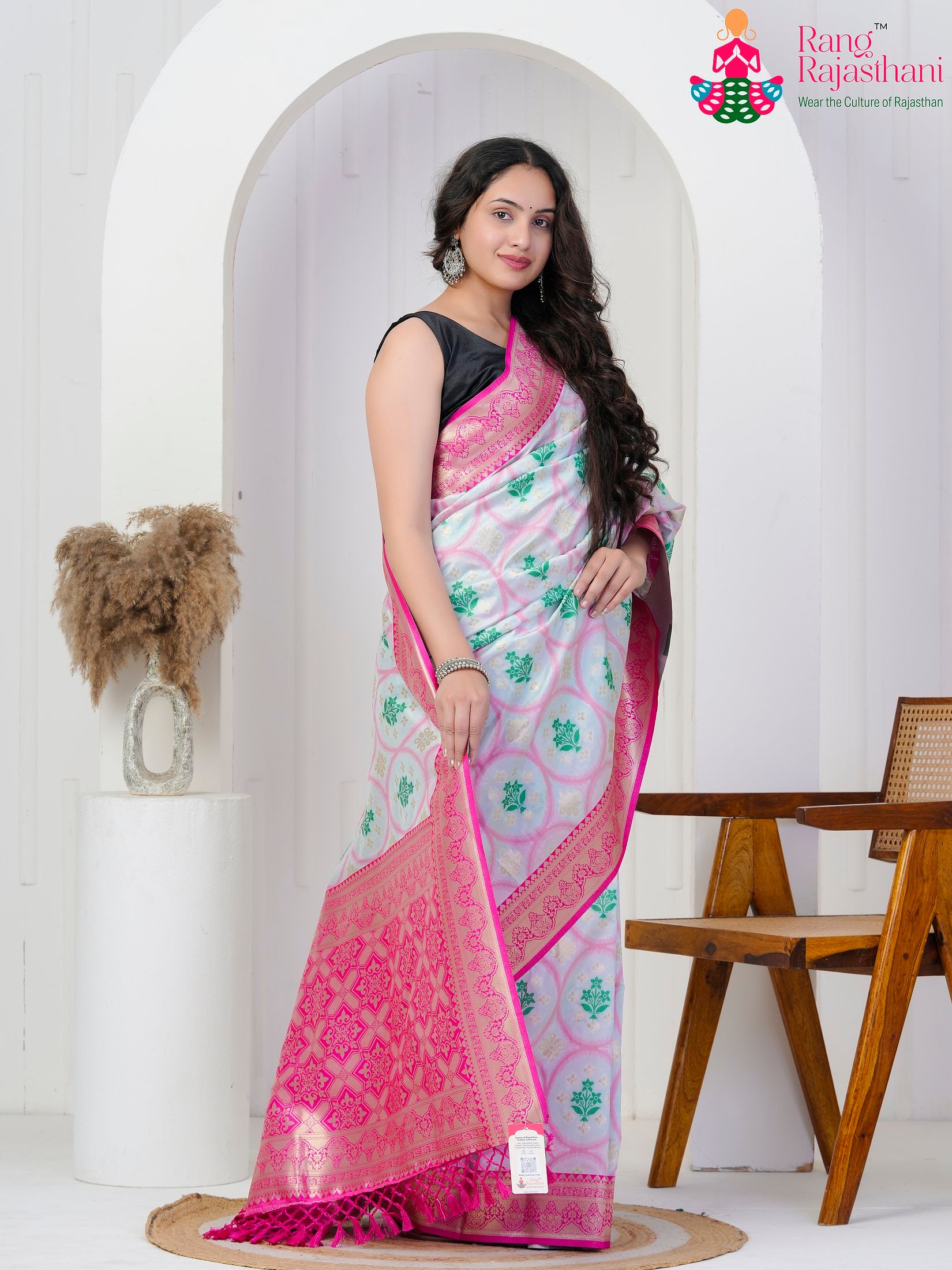 White SyntheticSilk saree with Printed side drape view