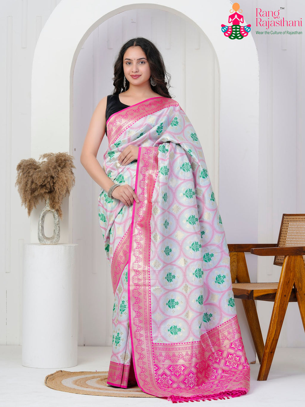 White SyntheticSilk Party saree with Printed from Rang Rajasthani
