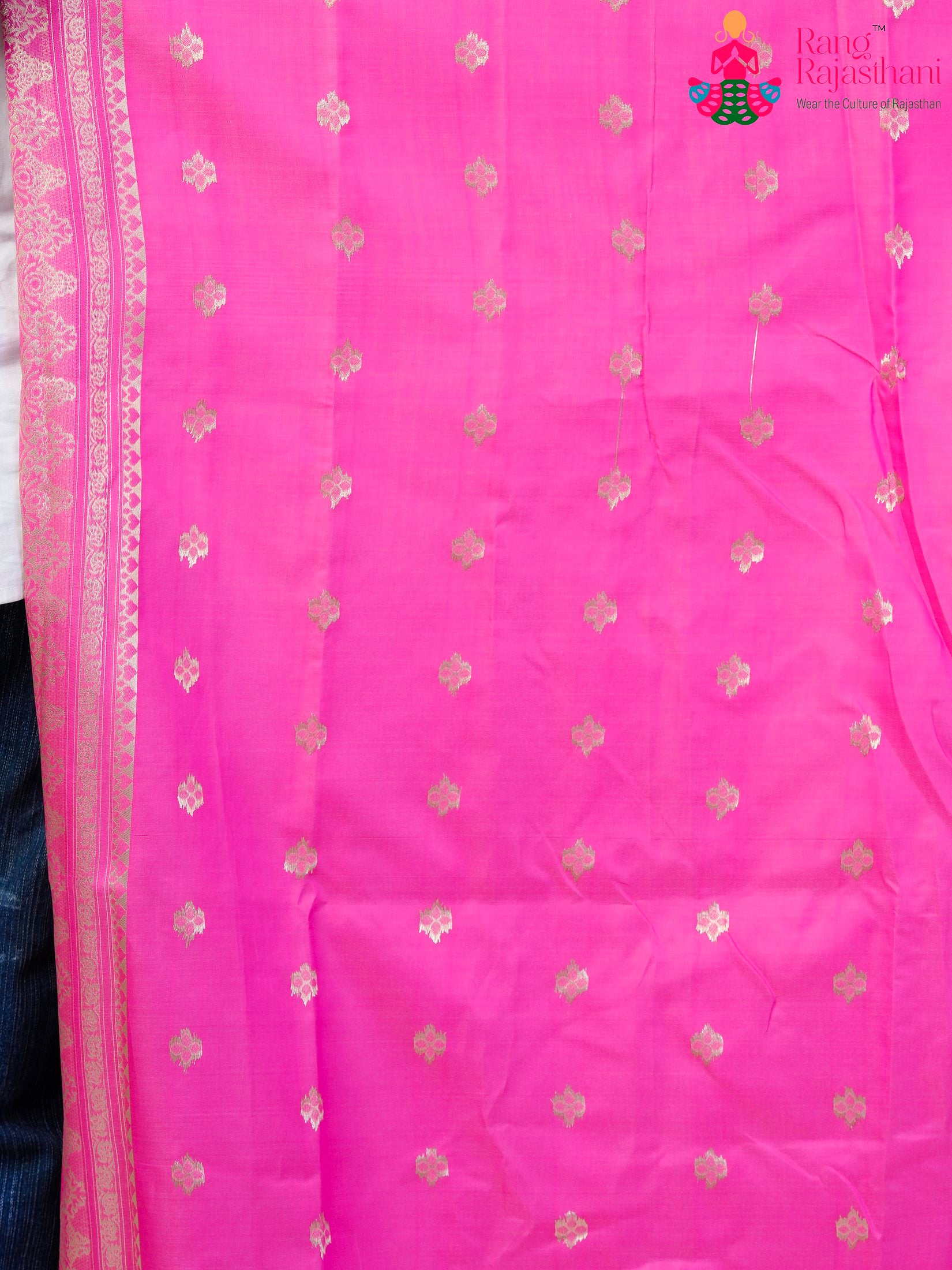 White SyntheticSilk saree with Printed pleats view