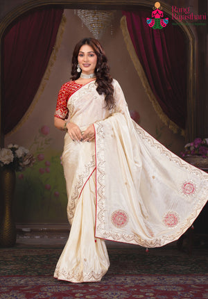 Beige Pure Tissue Silk Gota Patti Saree for Wedding Guest | Traditional Pick