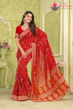 Red Georgette saree with Khaddi Work With Rich Pallu close up detailing