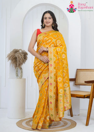 Yellow Soft Georgette Banarasi Zari Weave Saree for Wedding Guest | Designer Pick