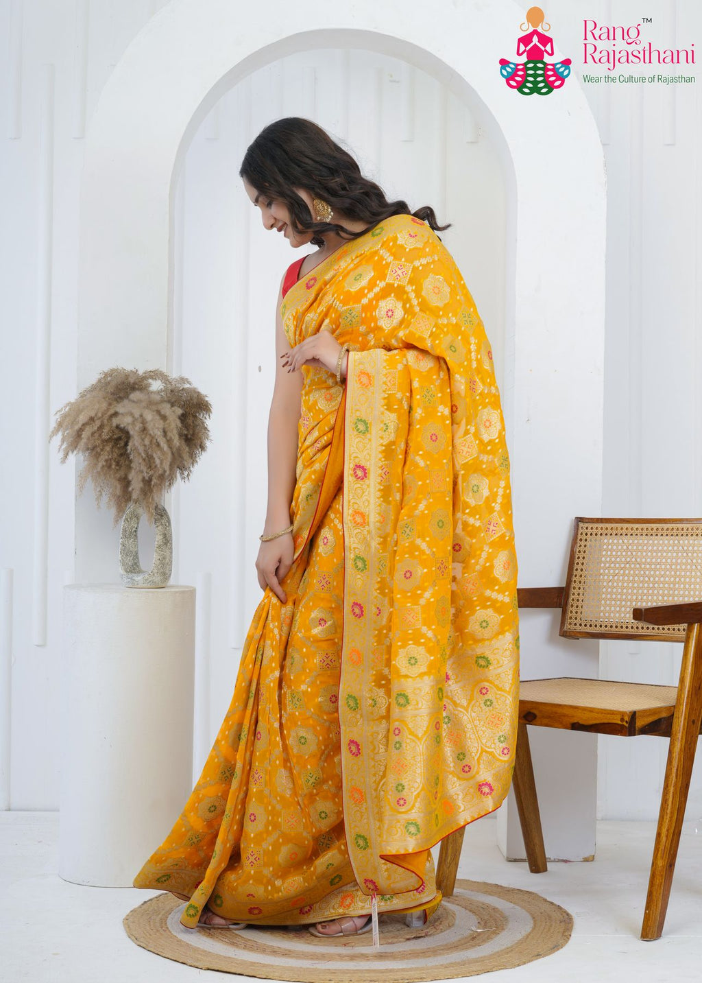 Yellow Pure Georgette saree with Khaddi Work side drape view