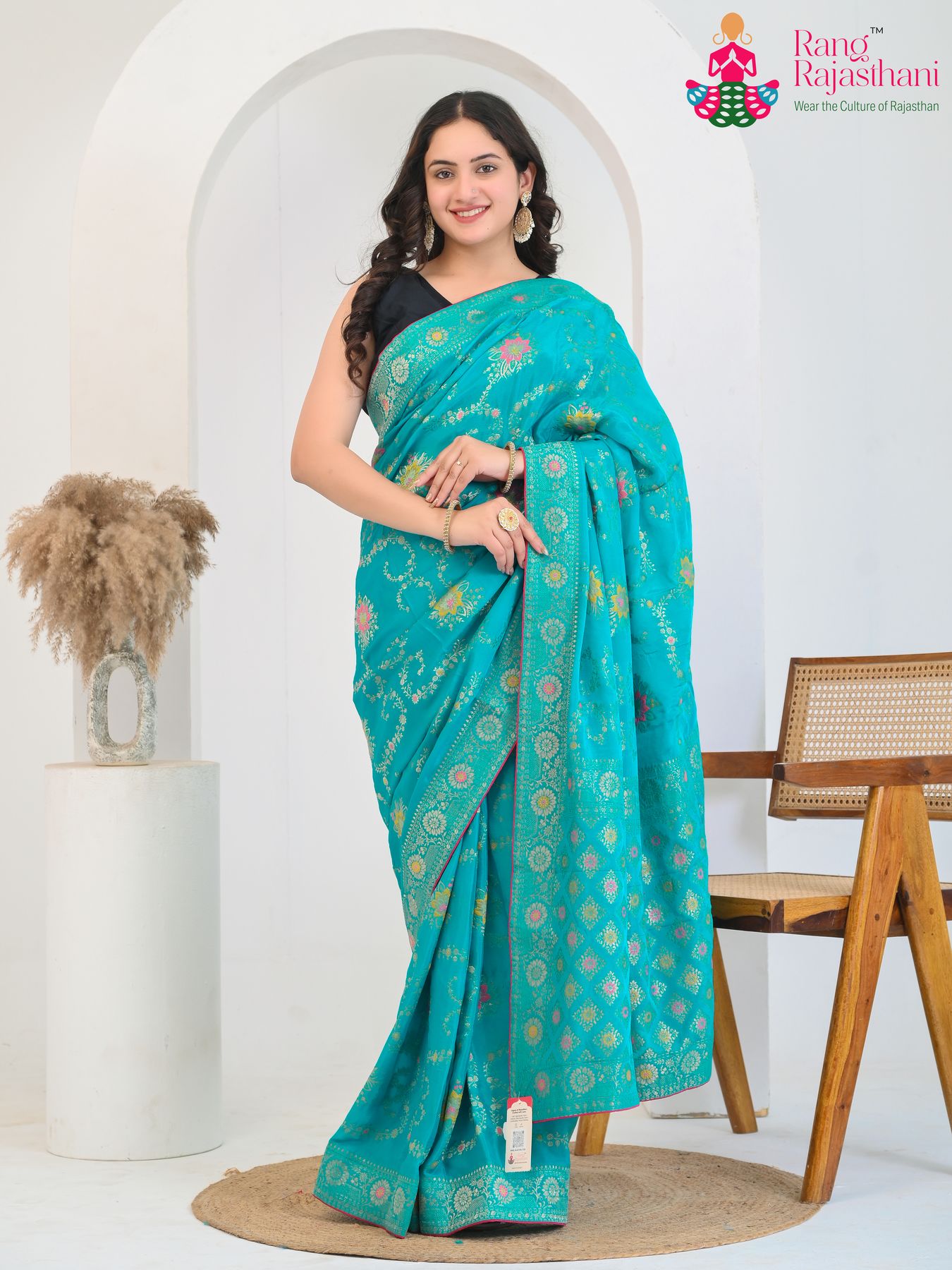 Firozi Pure Crape Chinon Rangoli Royale Saree : Indo-Royal Vibe