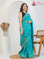 Firozi Pure Crape Chinon saree with Banarasi Khaddi Work Mina Jaal side drape view