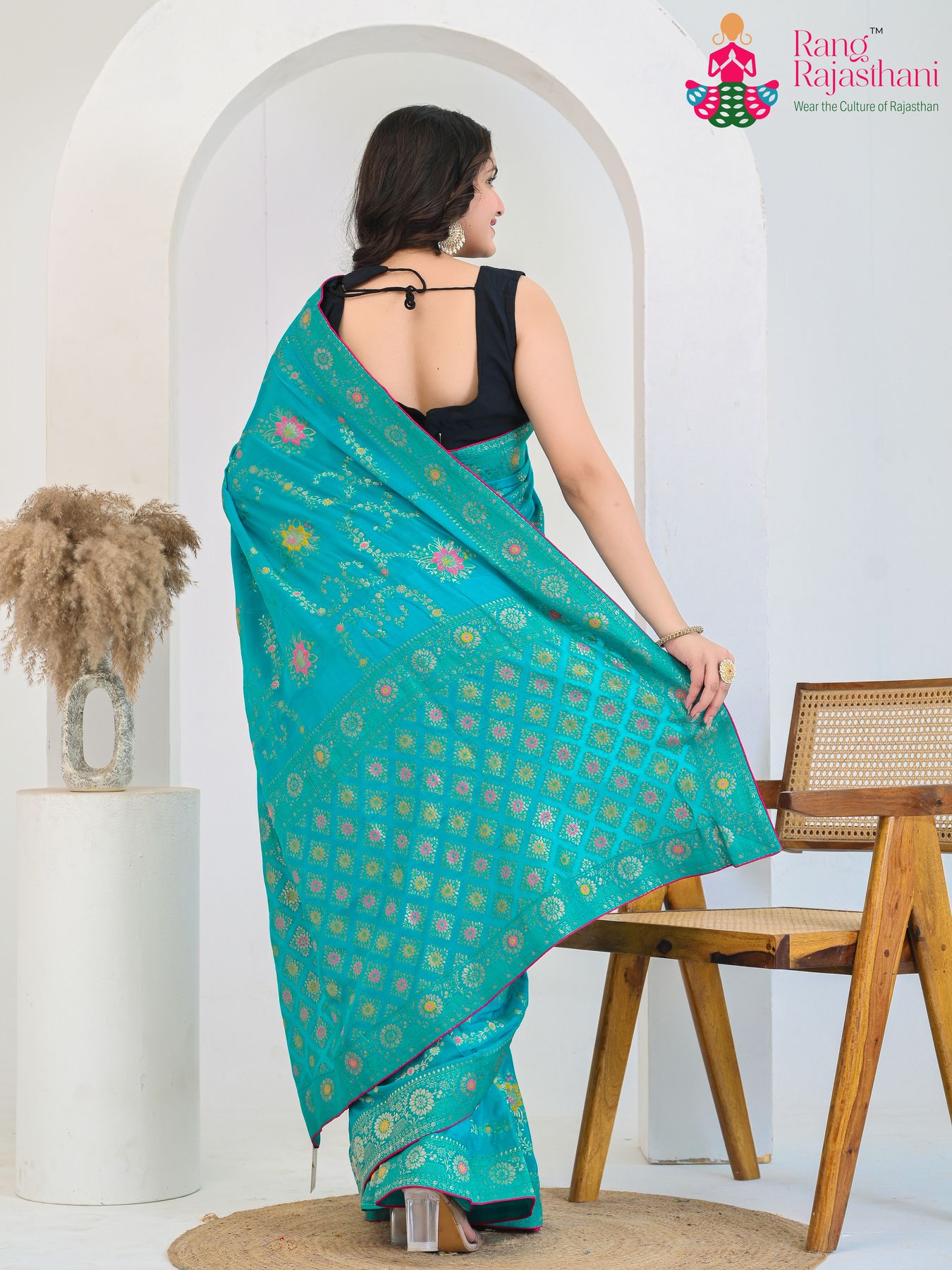 Firozi Pure Crape Chinon Rangoli Royale Saree : Indo-Royal Vibe