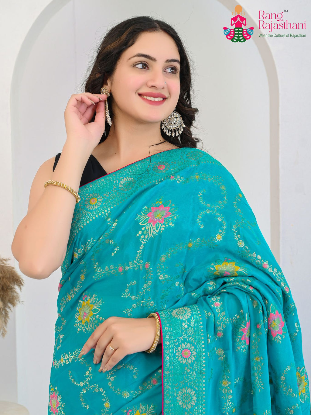 Firozi Pure Crape Chinon saree with Banarasi Khaddi Work Mina Jaal close up detailing